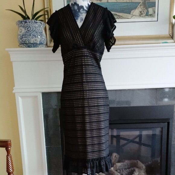 Black Lace Bodycon Dress with Ruffled Sleeves and hem - Picture 1 of 10